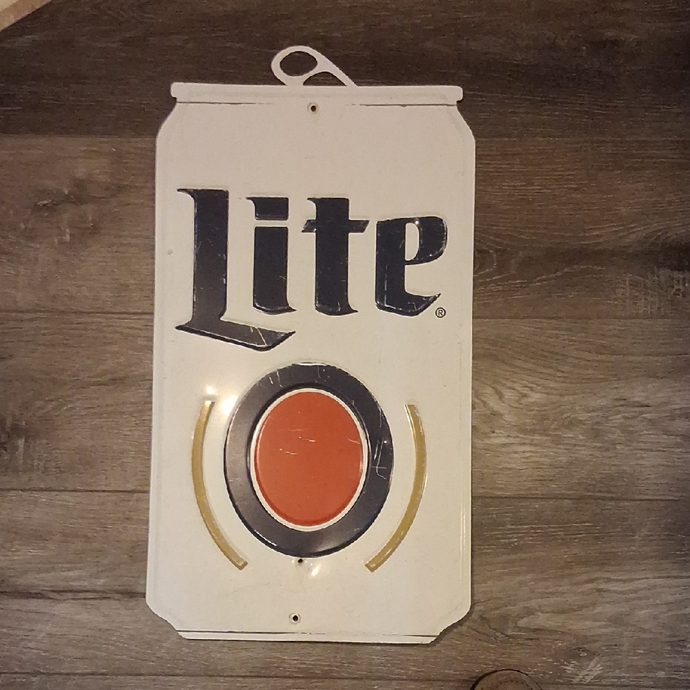 Miller Lite Beer Metal Sign - White with Navy and Orange Accents